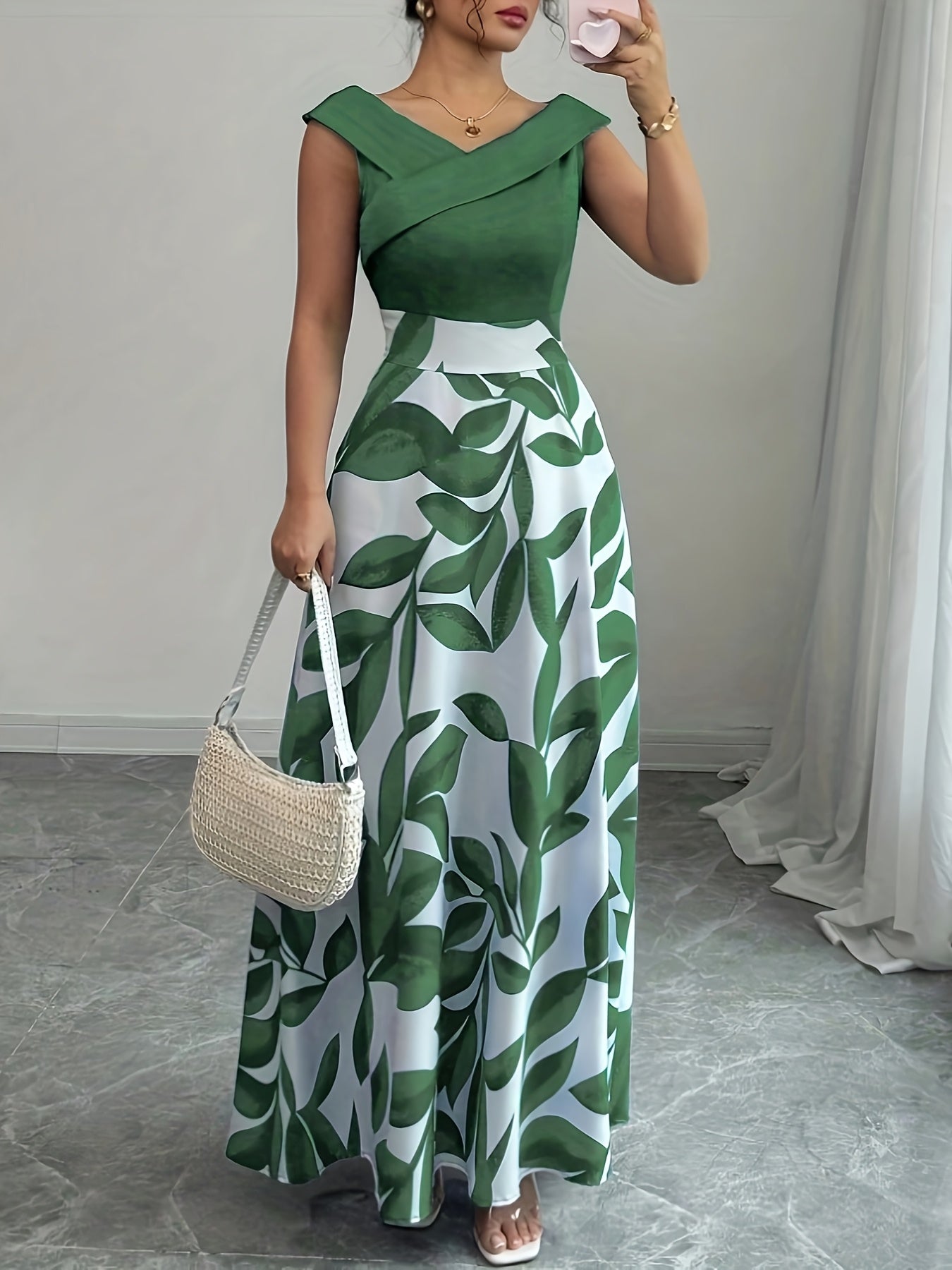 Vestido elegante para mujer con escote en V, estampado floral y bolsillos, línea A, manga corta, cintura entallada y falda fluida, ideal para verano, blanco con diseño de hojas verdes, para uso casual o formal | Vestido estampado floral | Diseño con cint