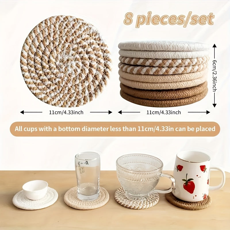 Juego de 8 posavasos pequeños absorbentes, manteles resistentes al calor para tazas de café y té, manteles decorativos estilo bohemio para el hogar, posavasos de tela minimalistas con soporte de almacenamiento, diámetro 11 cm