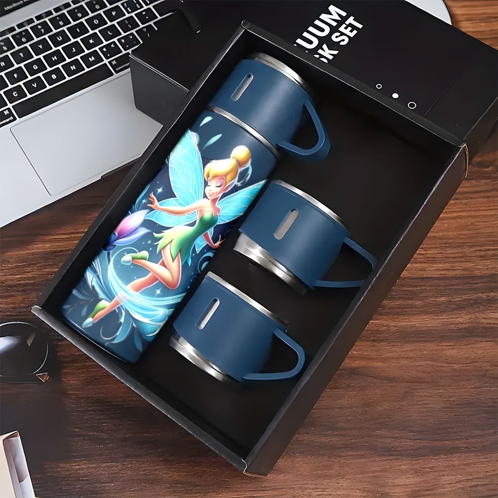 Juego de 1 termo de acero inoxidable Disney Tinker Bell de 17 oz, taza térmica a prueba de fugas con 3 tazas para bebidas frías y calientes, suministros para viajes de negocios y escuela LHB03211