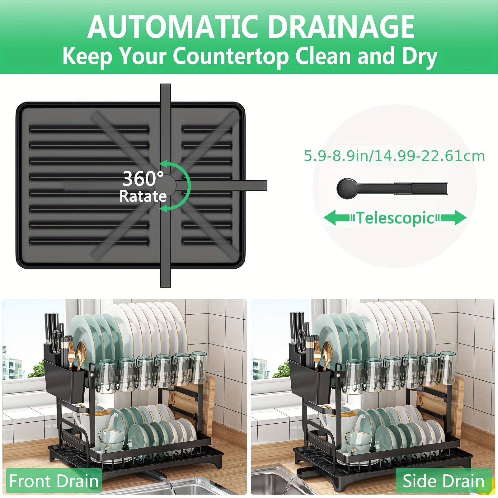 Estante de secado de platos de metal de 2 niveles con escurridor, estante de platos de cocina multifuncional con soporte para utensilios y tazas, ahorro de espacio, a prueba de óxido, negro