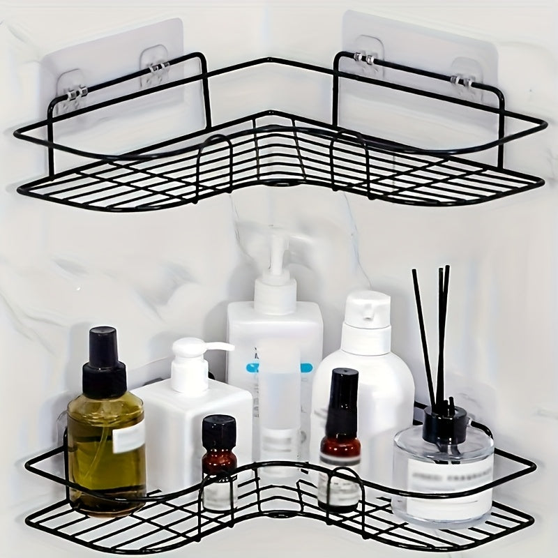 Estante de ducha de esquina de hierro fundido - Estante de almacenamiento de baño montado en la pared que no requiere taladrar, con diseño de malla de alambre de metal negro para un fácil acceso y organización, perfecto para champú, acondicionador y jabó