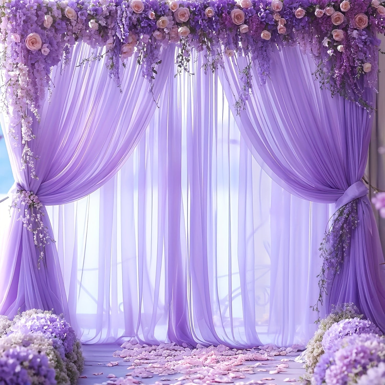 2 piezas de Cortinas de Tela Púrpura Transparente Románticas para Fondo de Boda Escenario Techo Decoración, Poliéster 100% Color Sólido Tela Tejida Rectangular, Ideal para Navidad, Cumpleaños y Ambiente de Boda