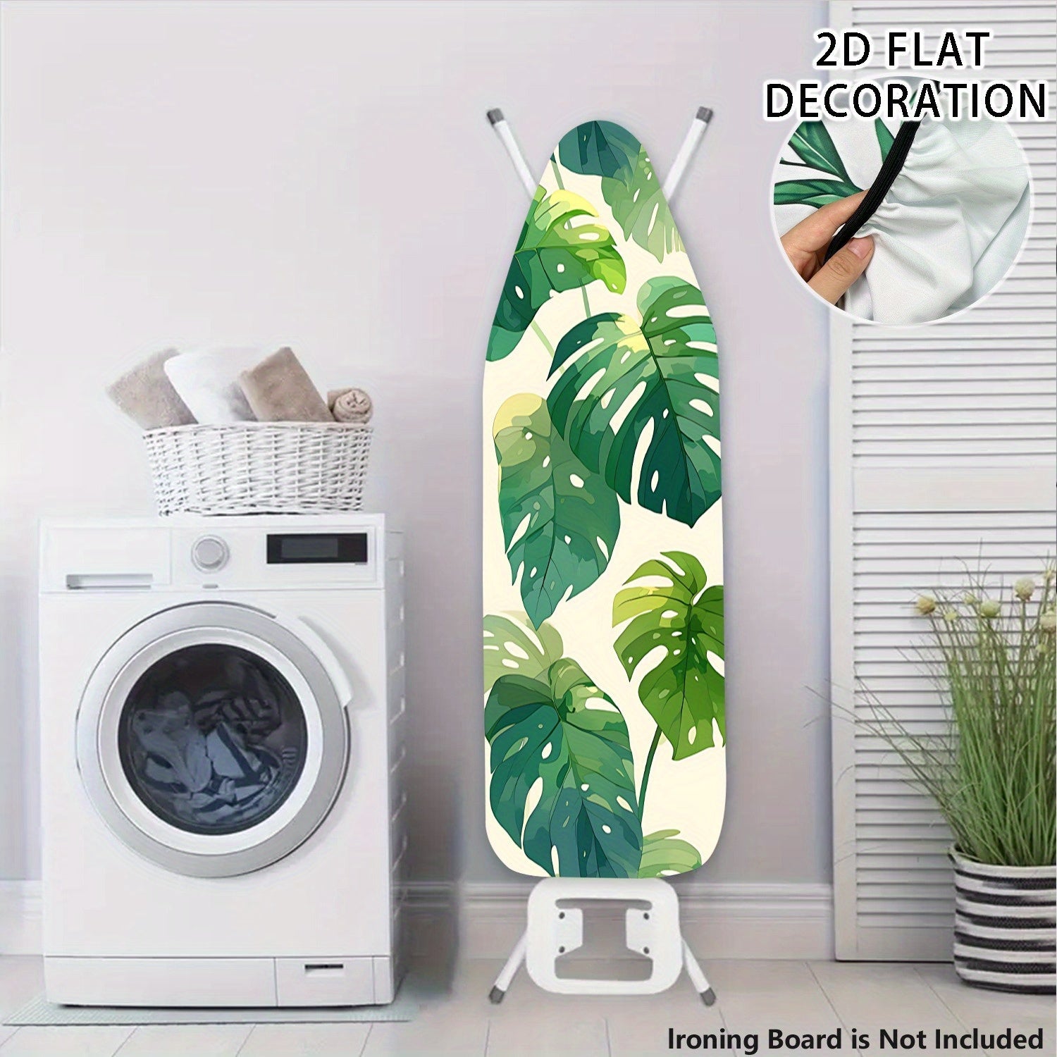 2D Plano, Cubierta de Tablero de Planchar 2D con Estampado de Hojas Tropicales - Ajuste Reajustable, Borde Elástico y Correas de Fijación, Diseño Blanco y Verde, Incluye Soporte de Lavadora y Tablero de Planchar, Cubierta de Lavadora, Decoración de Habit