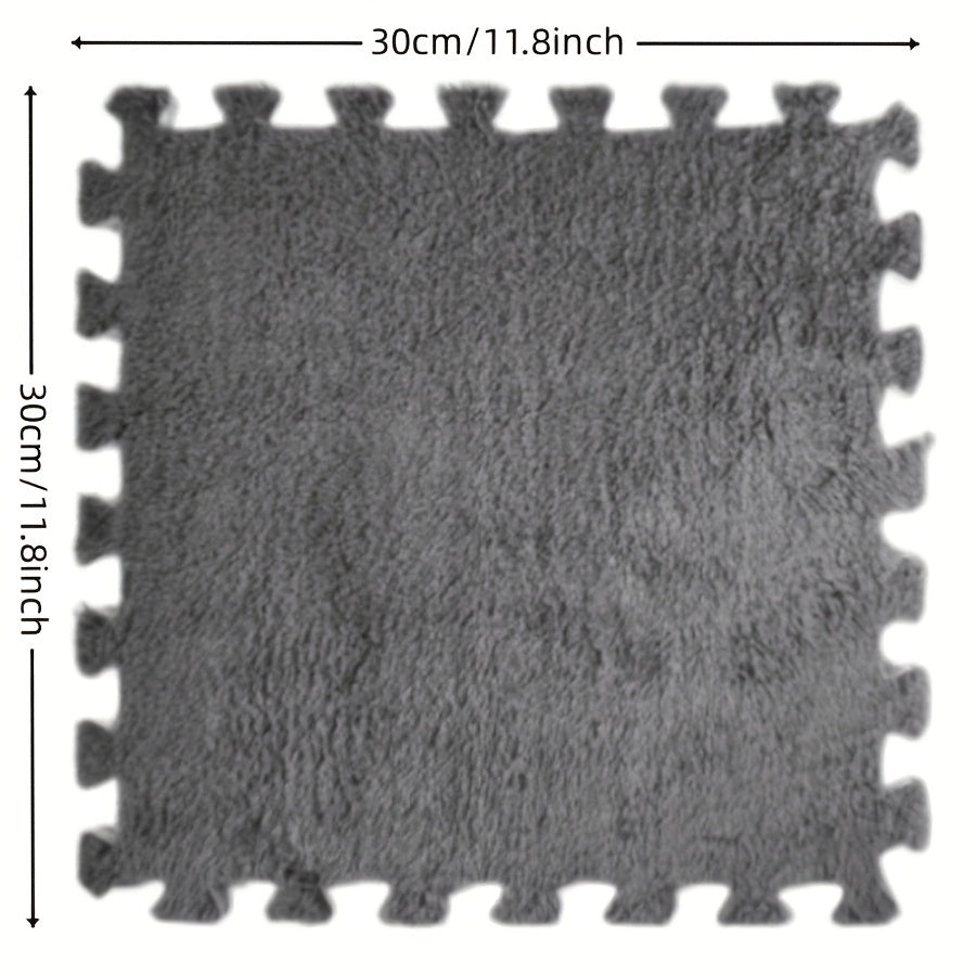12 piezas de alfombras interconectadas de pelo largo, suaves tapetes de rompecabezas para piso, 29.97x29.97 cm, gris con borde blanco, lavables a mano, decoración acogedora para dormitorio o sala, tapete para sala | Cubrepiso elegante | Tapete de textura