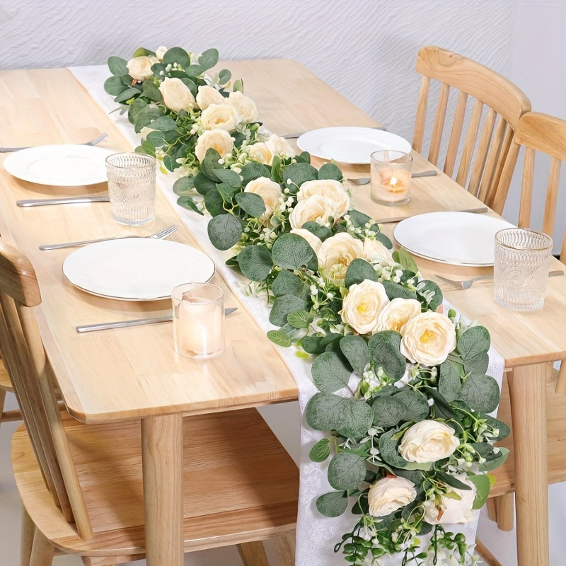 1 pieza de lujosa guirnalda artificial de eucalipto y rosas - Verdura plástica realista para bodas, fiestas en casa, decoración navideña, corredor de mesa y uso al aire libre, no requiere mantenimiento, decoración de bodas, verdura de fiesta, elegante ac
