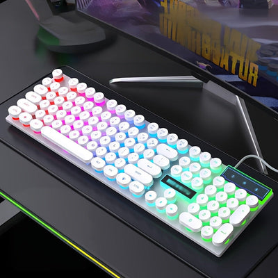 Teclado mecánico y mouse retro alámbrico, set gaming con retroiluminación multicolor, teclas estilo punk, para esports y oficina, periféricos de computadora, USB plug and play, sensación mecánica