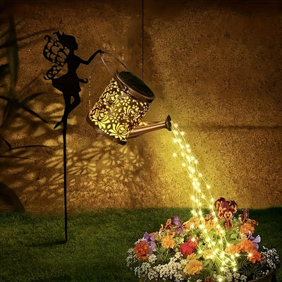 1 regadera solar con luces LED de hadas, decoración metálica para exteriores, ideal para jardín, césped o fiestas, regalo perfecto para mamá, vecinos y amigos
