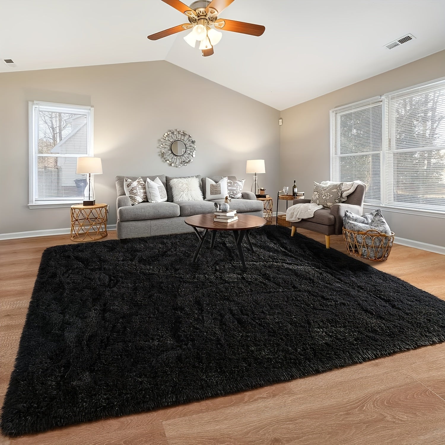 Alfombra de felpa negra de lujo, súper suave, gruesa y esponjosa para sala, dormitorio o estudio, decoración moderna para el hogar, hecha de poliéster resistente, cómoda y acogedora