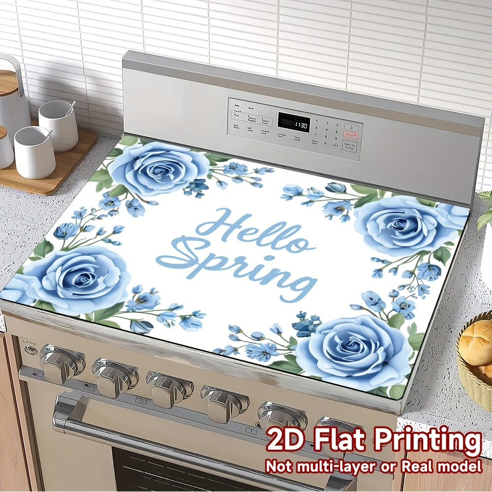 1pc Protector de Cocina Hello Spring Floral - Alfombrilla para Placa de Cocina con Rosas Azules, Resistente al Calor para Inducción, Gas y Horno, Decoración Antirrayaduras para Encimera, Accesorio Estiloso, Fácil de Limpiar, 2D Plana