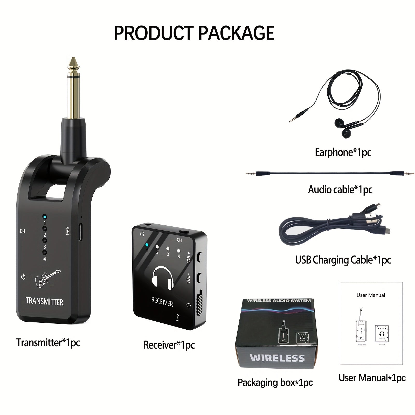 Sistema de monitorización inalámbrica en el oído, 2.4GHz IEM con transmisor y receptor de lavalier, carga USB, Plug and Play, bajo ruido, larga duración de la batería, para músicos, estudio, ensayo de banda, presentación en vivo - Resina ABS negra