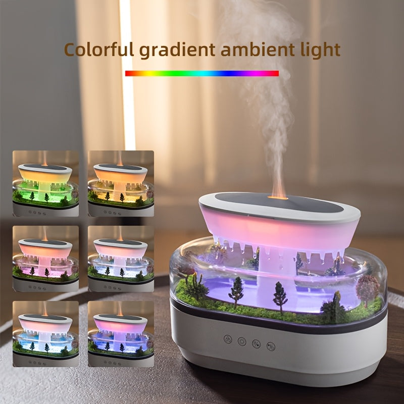 Difusor de aromas con efecto de lluvia, luces multicolor y sonido blanco, humidificador ultrasónico, sin agua, seguro al tacto, ideal para relajación y sueño, ayuda para dormir, diseño moderno