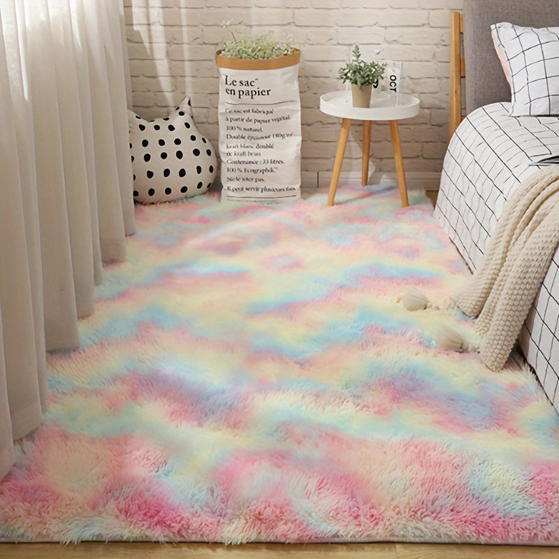 Alfombra de tela de peluche larga de colores de arco iris degradados con esponja suave y gruesa, atmósfera cálida y acogedora decorativa para interiores, alfombra de gran superficie para el suelo, limpieza a mano no se deshilacha y alfombra de pelo para