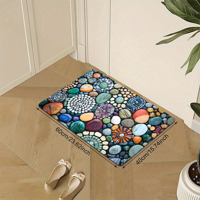Tapete de entrada con diseño de piedras coloridas – 1 pieza de franela suave + base de espuma de 1 cm, patrón vibrante de piedras para interior/exterior, secado rápido, poliéster resistente al desgaste, ideal para cocina, baño y puerta principal, tapete