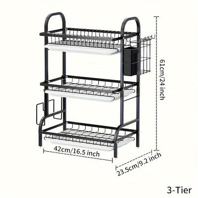 Organizador de cocina de acero inoxidable de 3 niveles con sistema de drenaje - Almacenamiento versátil para platos, utensilios y tablas de cortar, diseño de gran capacidad con soportes para cubiertos y utensilios, acabado de metal negro, organizadores y