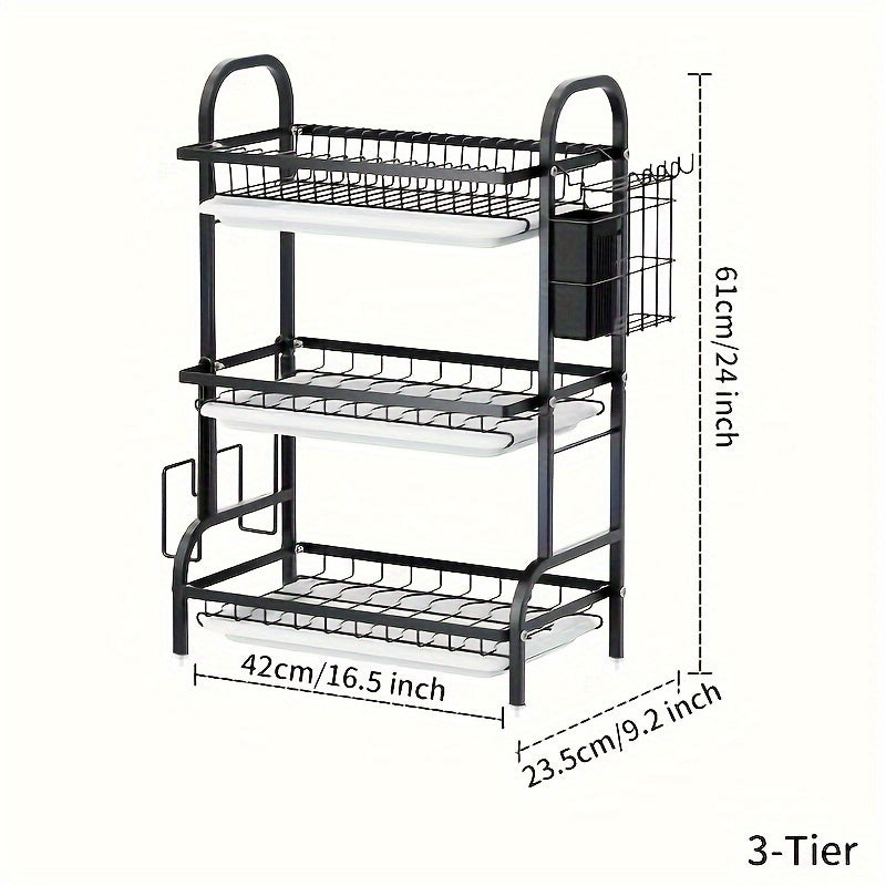 Organizador de cocina de acero inoxidable de 3 niveles con sistema de drenaje - Almacenamiento versátil para platos, utensilios y tablas de cortar, diseño de gran capacidad con soportes para cubiertos y utensilios, acabado de metal negro, organizadores y