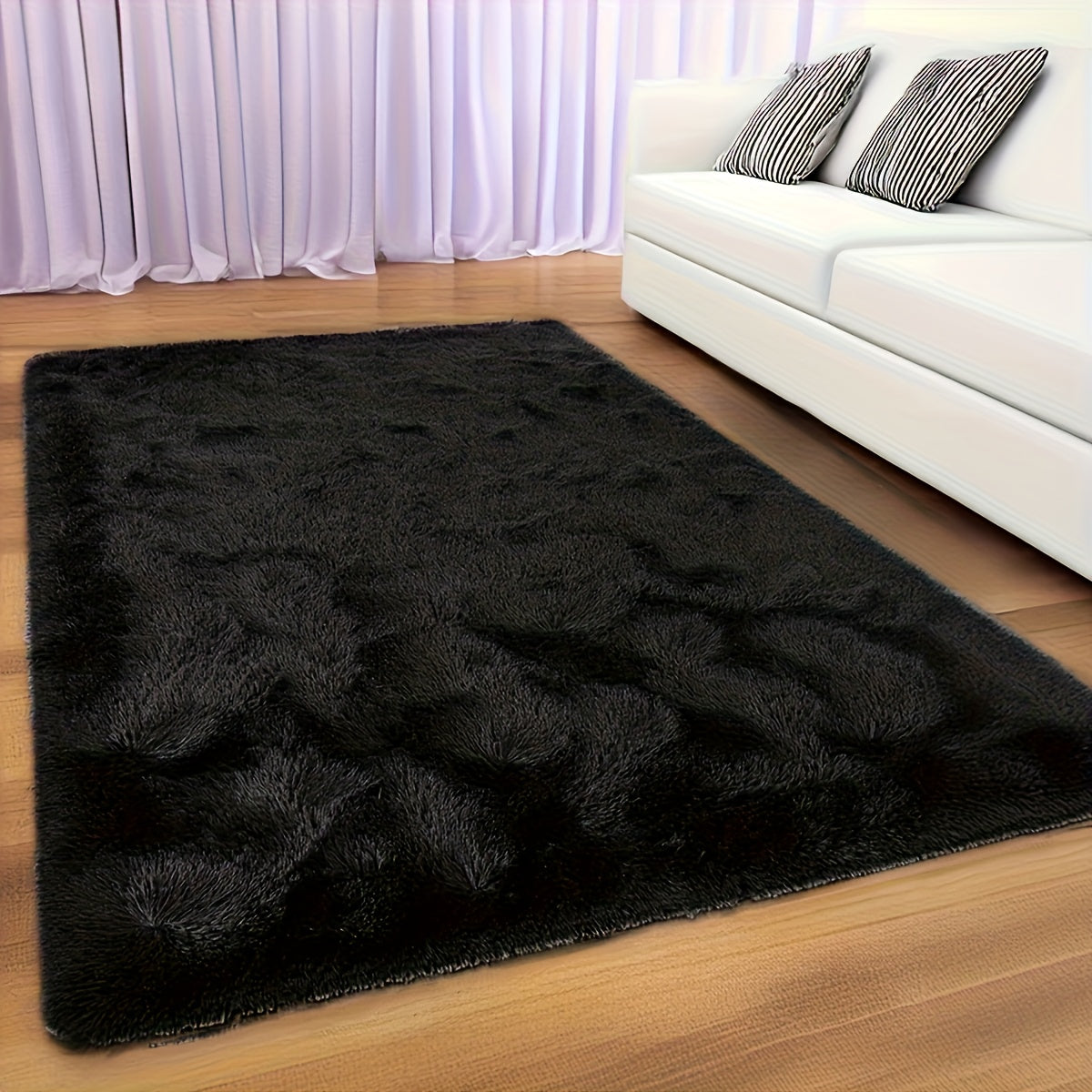 Alfombra suave y esponjosa de lujo, color negro sólido, lavable a mano, de poliéster, para uso en interiores en dormitorios y decoración del hogar, forma rectangular, tapetes para habitaciones