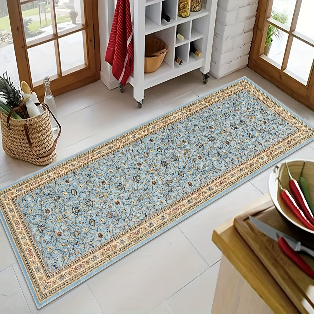 1pieza Alfombra de corredor de estilo persa elegante - Patrón floral azul vibrante y dorado, poliéster lavable a máquina, ideal para entradas de hoteles, cocinas de hogar, patios al aire libre y patios de jardín, decoración de jardín | Corredor vibrante