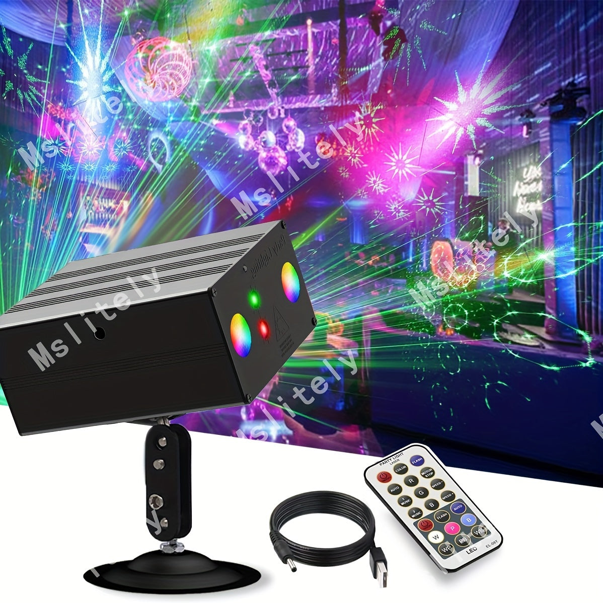 Luces de Fiesta LED Portátiles Mslitely | Luces de Discoteca Multicolor con Alimentación USB y Activación por Sonido | Cuello de Ganso Ajustable, Control Remoto y Sistema de Enfriamiento con Ventilador | Opciones de Montaje Versátiles para Decoración del