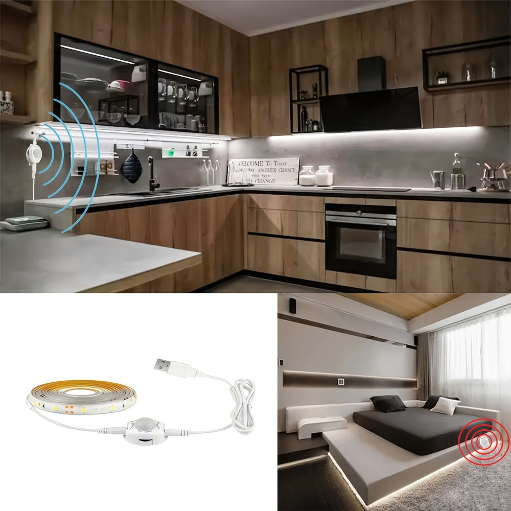 1 Pieza, Tira De Luz LED Blanca Fría Con Sensor De Movimiento Inteligente De 3-16 Pies, Interruptor Automático Con Alimentación USB, Adecuado Para Tiras De Luz De Detección Humana De Bajo Voltaje En Escaleras, Armarios, Guardarropas, Cocinas, Dormitorios