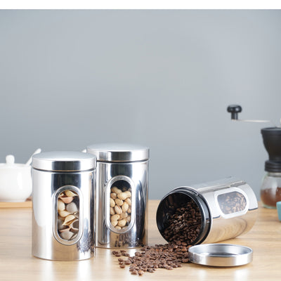 3 contenedores de acero inoxidable con ventana visible - Ideales para café, té, azúcar y granos - Reutilizables, organizador redondo de cocina con tapas abatibles, solución de almacenamiento para cocina|Vajilla moderna|Vajilla duradera