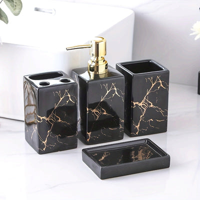 Juego de 4 piezas de accesorios para baño en blanco y negro con baño de oro: dispensador de jabón a presión, dispensador de gel de baño, contenedor de champú, portacepillos y jabonera