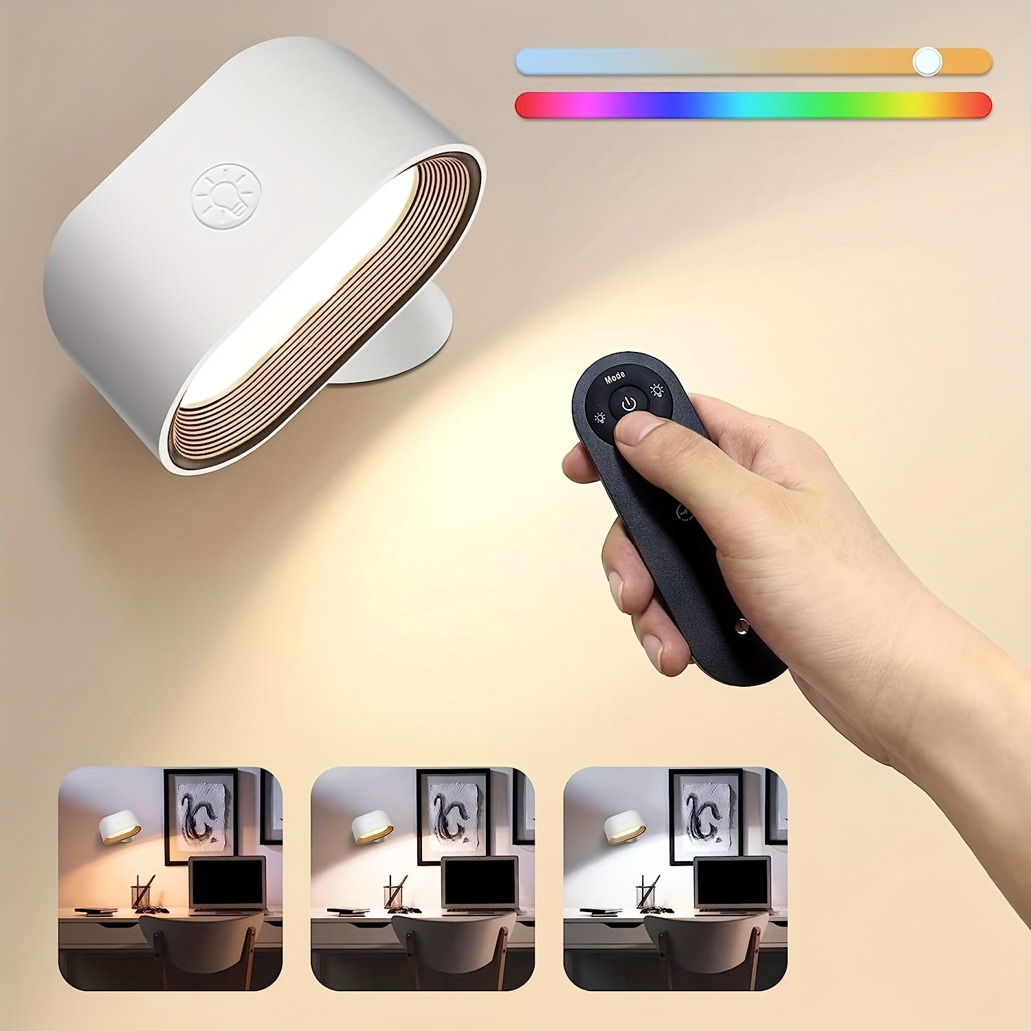 Lámpara de pared magnética moderna con control remoto, luz nocturna táctil giratoria de 360°, cambio de color RGB, aplique regulable con carga USB, montaje empotrado desmontable para dormitorio, sala de estar, pasillo, con sensor de infrarrojos, batería