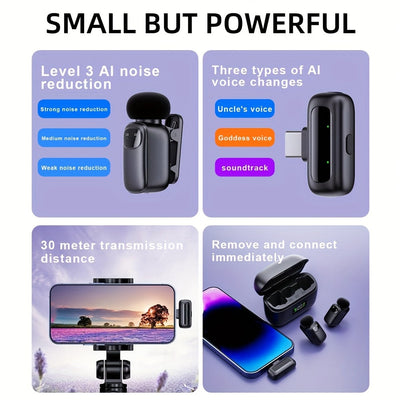 Micrófono inalámbrico SENWUKO con reducción de ruido AI de 3 niveles - Compacto, ligero, distancia de transmisión de 30 metros, conector USB Type-C, batería de litio recargable, ideal para transmisiones en vivo y reuniones, equipo de transmisión en vivo