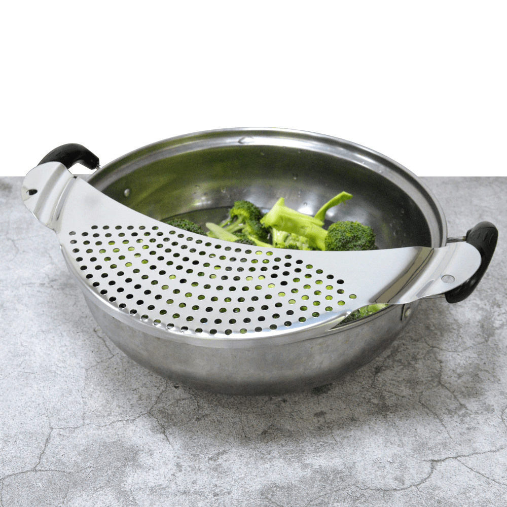 1 pieza de filtro lateral de sartén de cocina de acero inoxidable, sin carga, fácil de drenar, no necesita fuente de alimentación, fabricado con material de acero inoxidable, con separación de agua, para pasta, verduras, frutas, accesorios de cocina para