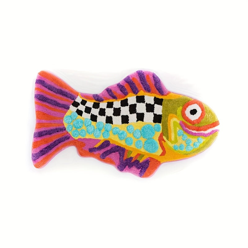 Alfombra de baño con diseño de pez divertido, colorida, absorbente y gruesa, con patrones a cuadros, lavable a máquina, resistente al desgaste, ideal para decoración de baño