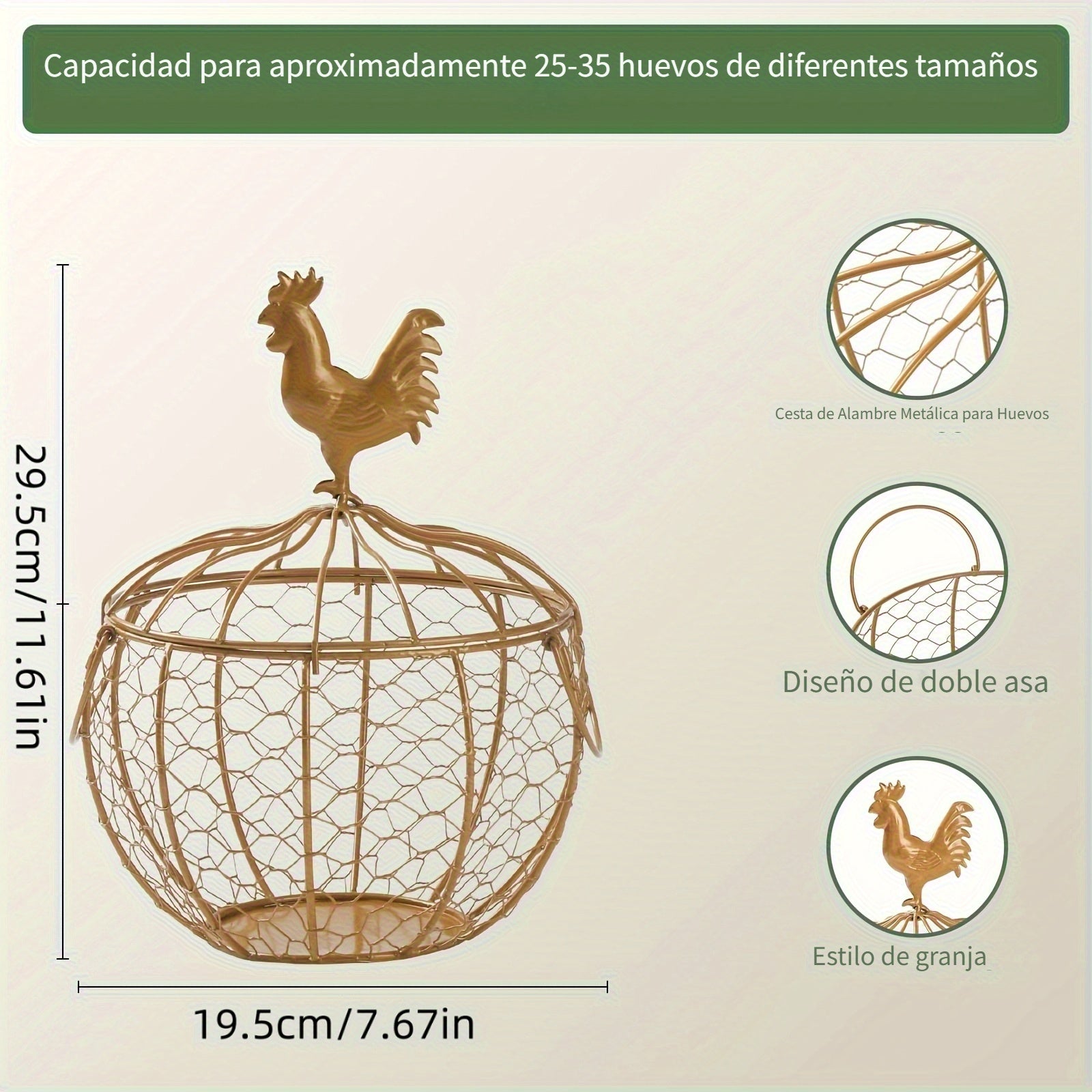 Cesta para huevos de gran capacidad, ideal para almacenar aproximadamente 30 huevos y patos en la cocina. Cuenta con malla metálica, asa para transportar y es fácil de limpiar. Perfecta para granjas y cocinas.