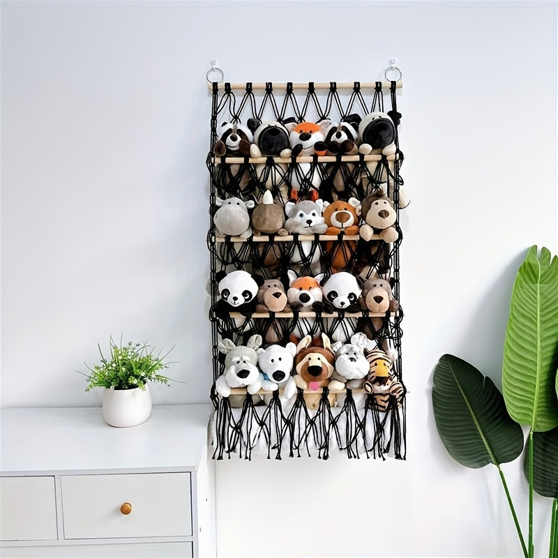 Estantería de Almacenamiento para Juguetes de Peluche Estilo Boho Chic de 1-4 Niveles - Organizador Tejido a Mano para Dormitorio, Guardería y Baño, Ideal para Animales de Peluche y Artículos Decorativos, Blanco, Almacenamiento Lindo