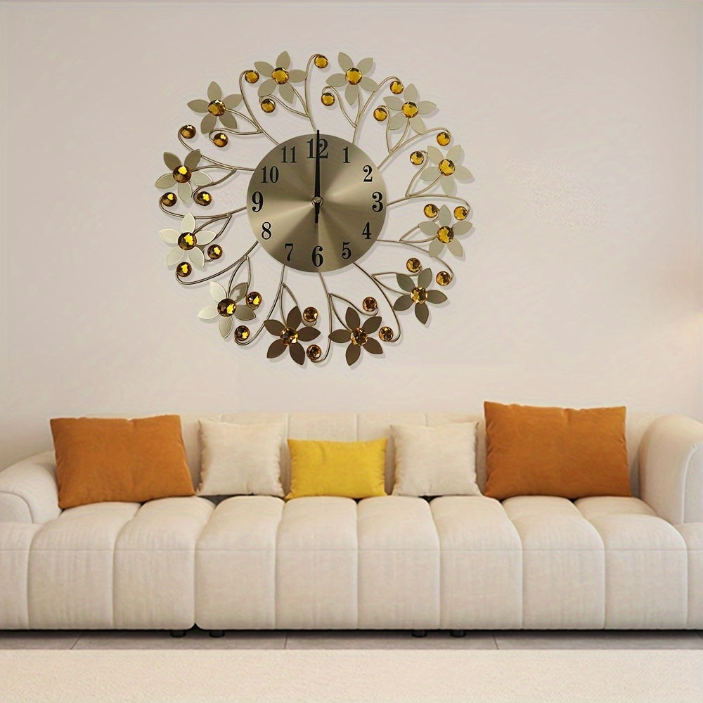[Reloj Moderno de Flores Redondo] Reloj de Pared Silencioso Moderno Metálico de 14.17 pulgadas - 1 pza Diseño Redondo de Flores Fácil de Leer Con Cristales - Accesorio de Decoración para Sala de Estar y Dormitorio