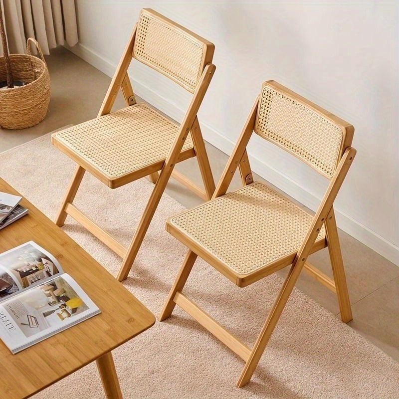 Silla plegable de ratán, resistente y cómoda, con respaldo, estructura de bambú, soporta hasta 150 kg, diseño ahorrador de espacio, liviana y portátil, ideal para sala, comedor o jardín, sin necesidad de ensamblaje - 1 unidad