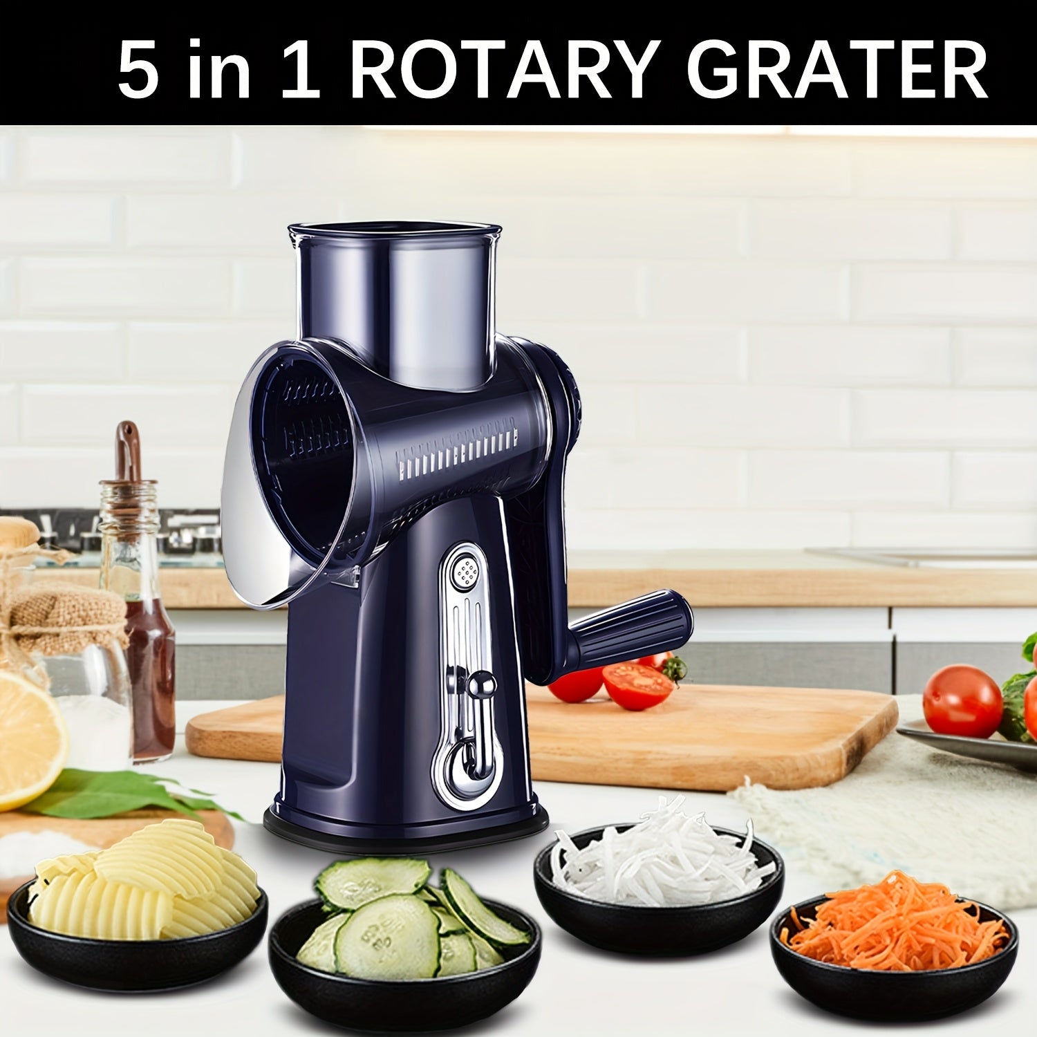 5 en 1, rallador de queso y cuchilla de verduras con mano de viento, cuchillas intercambiables de acero inoxidable, base de succión fuerte, fácil de limpiar, regalo ideal para la cocina, azul marino
