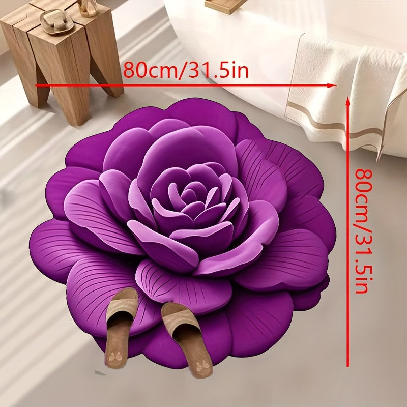 1 pieza de alfombrilla floral 3D de color morado - Poliéster grueso y suave como terciopelo, antideslizante, lavable en máquina, forma irregular para dormitorio, sala de estar, entrada - Alfombrilla elegante para decoración del hogar, alfombras para sala
