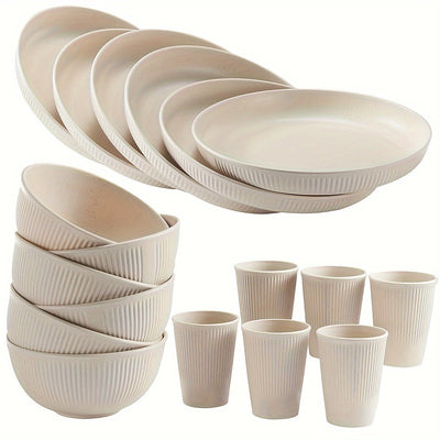 Juego de vajilla irrompible de 18 piezas, apto para lavavajillas y microondas, incluye platos, tazones y vasos, ideal para cocina, residencia estudiantil, camping, autocaravana y picnic