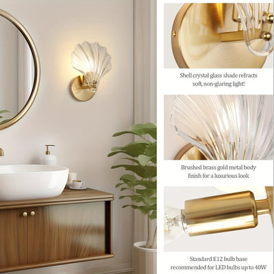 Aplicaciones de Pared Doradas con Pantallas de Vidrio Transparente - Lámparas Modernas Art Deco para Baño, Sala, Dormitorio y Pasillo - Montaje Semiempotrado, Compatible con Bombillas E12 (Bombilla No Incluida), Decoración de Baño, Acabado Brillante, Dis