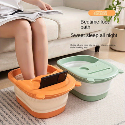 Baño de pies plegable con masajeador incorporado - Gran piscina de relajación, no necesita electricidad, diseño portátil para uso en el baño del hogar y en el spa, accesorio de autocuidado con cubierta interior naranja y cubierta de cojín suave, remojo d