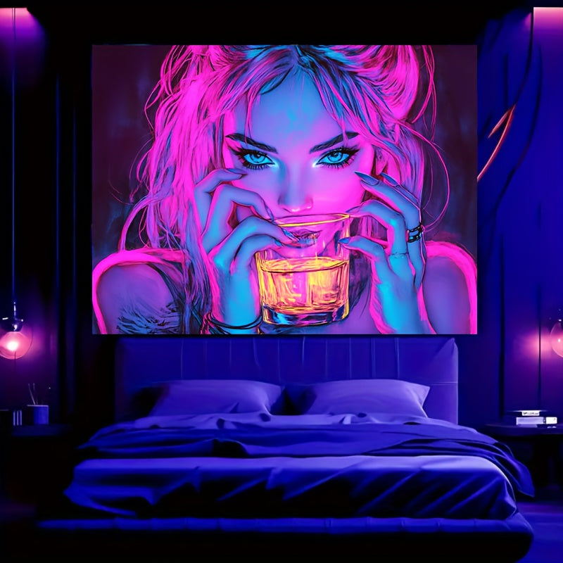 1 ud., tapiz fluorescente, patrón de arte de chica bebiendo neón 2D/Plano, decoración psicodélica para paredes, decoración multiusos para el hogar, interior y exterior, decoración de sala de estar, decoración de habitaciones, decoración para salas de jue