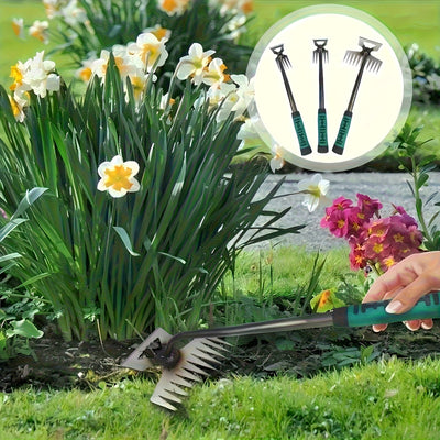 1 pieza Herramienta de Deshierbe Duradera de Acero al Manganeso - Rastrillo de Jardín Portátil con Mango Verde Ergonómico para la Fácil Eliminación de Suelos y Verduras Silvestres, Pala Manuales de Doble Propósito para Tareas de Jardinería, Jardinería Ma