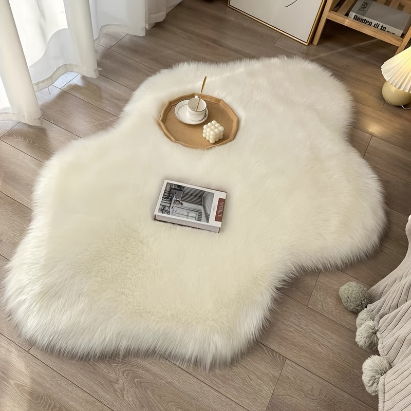 Alfombra acrílica de piel de oveja falsa suave, lavable a máquina, antideslizante, forma irregular de nube, pelo medio, cálida y suave para decoración de dormitorio o sala, respaldo de PVC, color sólido