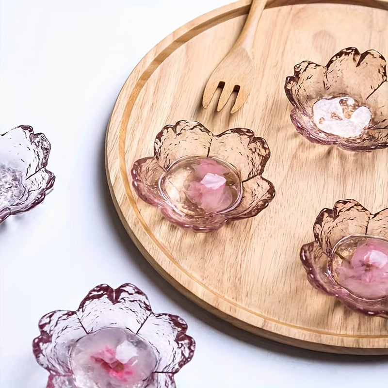 Juego de 4 Platos de Vidrio con Diseño de Flor de Cerezo Sakura - Boquillas Pequeñas para Salsa de Soja y Condimentos | Decoración Elegante para Cocina y Comedor, Recipientes Decorativos para Servir | Patrón Floral | Diseño Delicado