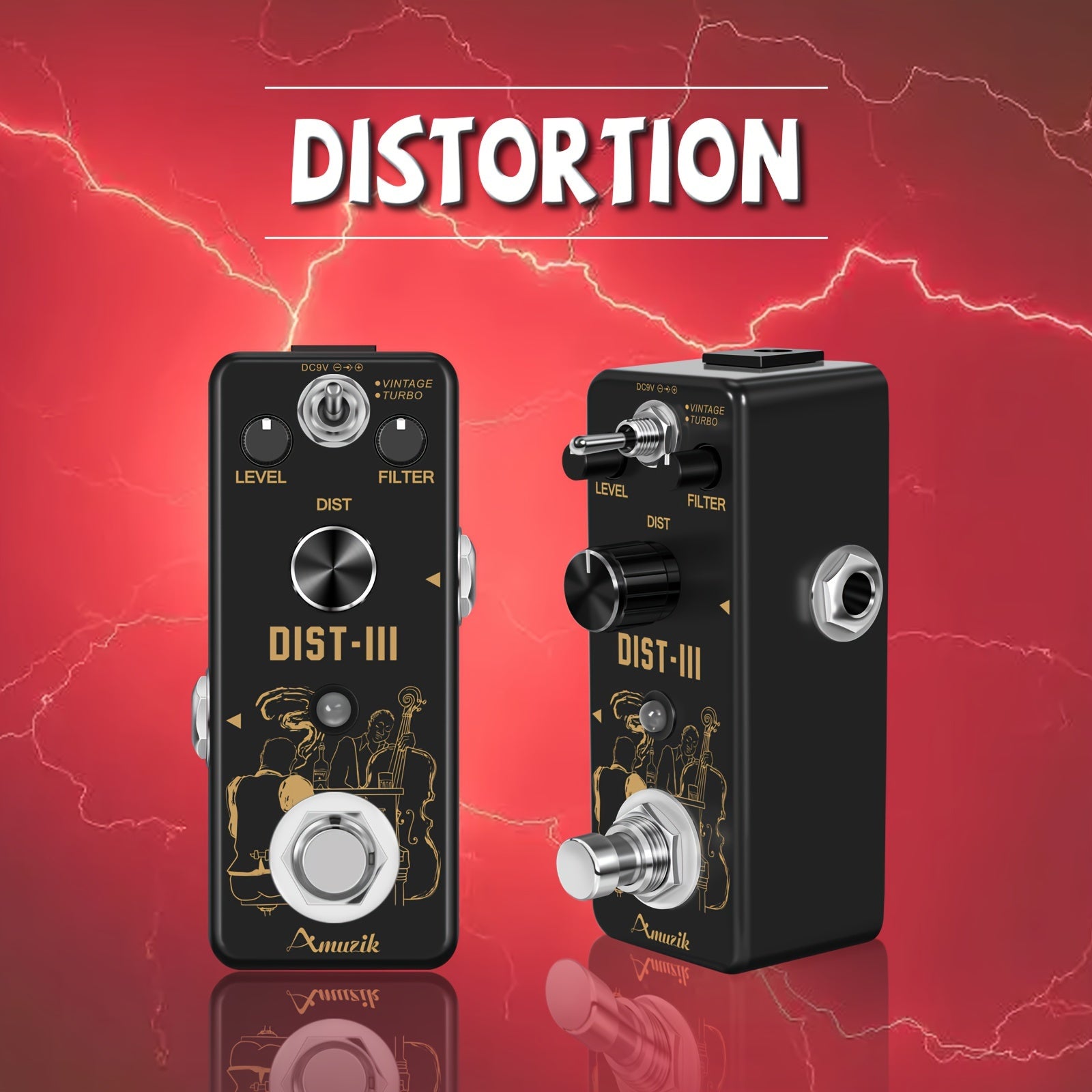 Amuzik Pedal de Distorsión Vintage para Guitarra - Sonido Analógico Heavy Duty Rock con True Bypass, Chip LM308, Mini Pedal para Guitarras Eléctricas, Compatible con Amplificadores y Procesadores FX, Estudios en Casa - , Efectos para Guitarra, Componente