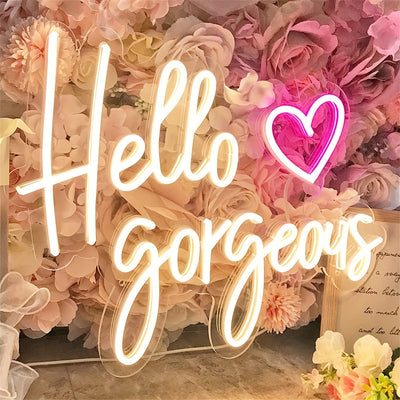 Letrero de Neón "Hola Hermosa" - Elegante Decoración de Pared en Letras Mayúsculas Blancas con Acento de Corazón Rosa, Alimentado por USB, Arte LED Multifuncional para Dormitorio, Hogar, KTV y Regalo de Cumpleaños