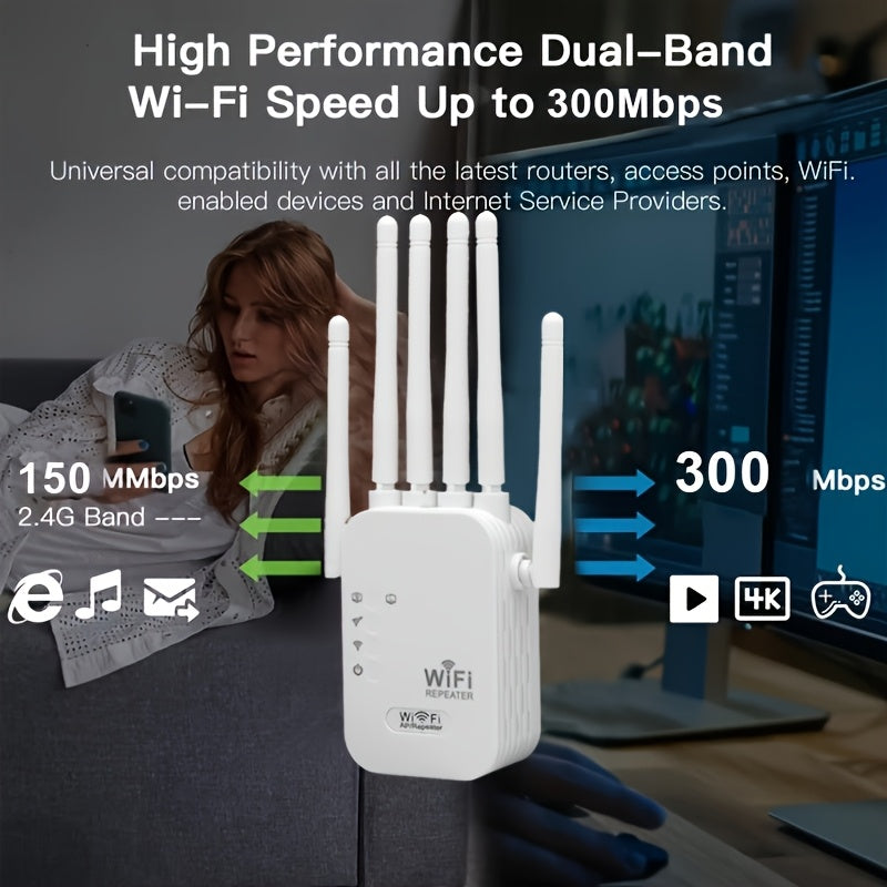 Extensor WIFI6, Amplificador de Señal con Puerto Ethernet, 6 Antenas de Alto Rendimiento, Cobertura 360° sin Puntos Muertos hasta 11000 pies cuadrados, Tecnología WIFI6, Velocidad Inalámbrica Hasta 300Mbps y Conexión Estable por Cable. Función de Relé Rá