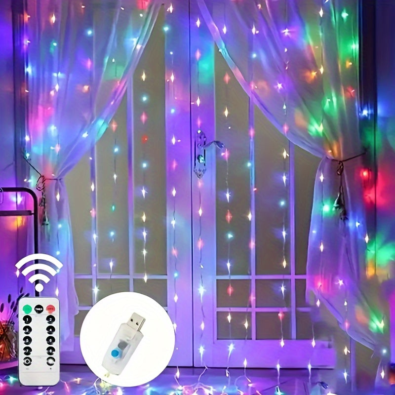 1pc Cortina de luces LED de colores, luces de hadas flexibles de PVC multicolores controladas por control remoto con alimentación USB, iluminación de cortina de cascada decorativa para interiores de dormitorios, decoración ambiental navideña, no requiere