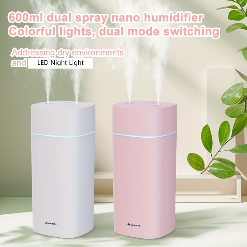 Humidificador portátil de 600 ml con doble orificio USB, tecnología de ondas de sonido silenciosas, niebla fresca con cambios de iluminación colorida, modo dual, apagado automático, enchufe USB hasta 6 horas, incluye aromaterapia para iluminación ambient