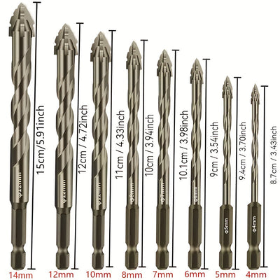 Juego de 8 piezas de brocas de aleación dura, diseño de filo de cuatro bordes, ranura recta | para taladrar cerámica, vidrio, mármol, hormigón, acero inoxidable, posición precisa, taladrado de tabiques | Brocas con filo