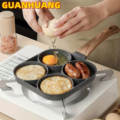 Sartén de Huevos y Tortillas Antiadherente de Aleación de Aluminio GUANHUANG con Mango de Madera, Cocina para Desayuno con 4 Compartimentos para Estufa de Gas e Inducción, Ideal para Huevos, Salchichas y Más