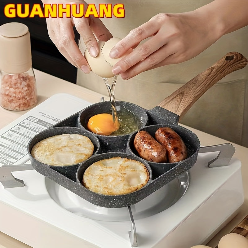Sartén de Huevos y Tortillas Antiadherente de Aleación de Aluminio GUANHUANG con Mango de Madera, Cocina para Desayuno con 4 Compartimentos para Estufa de Gas e Inducción, Ideal para Huevos, Salchichas y Más